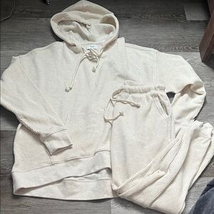 AERIE American Eagle Cream Waffle Knit Hoodie Sweatshirt and Jogger Set